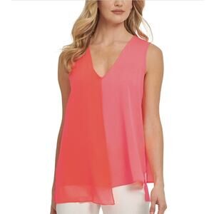 DKNY Womens Neon Colorblocked Asymmetrical Sleeveless Blouse NEW Large